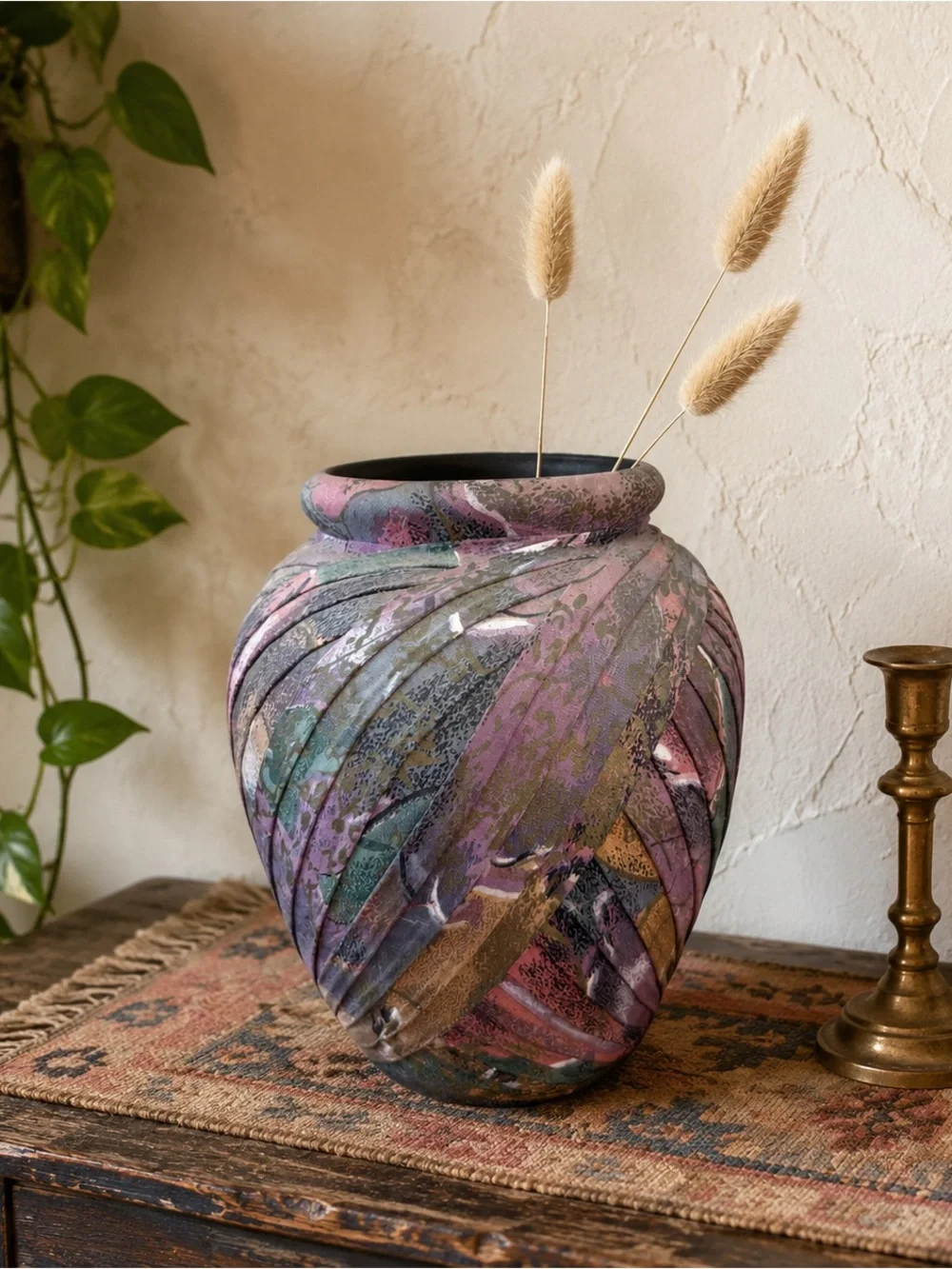 Vintage Handmade Fabric Wrapped Vase Boho Abstract Textile Art Planter Décor